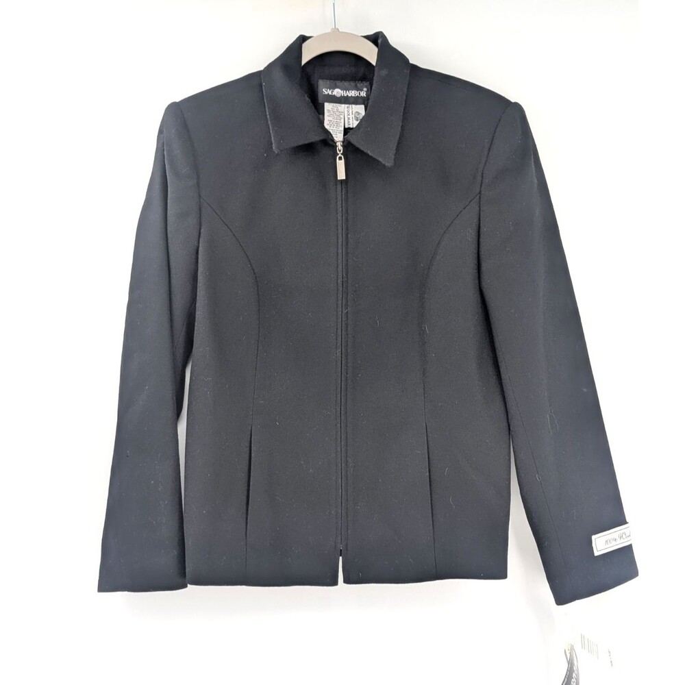 Sag Harbor 100% Woolmark Wool Black Zip Up Collared Jacket Size Med - Small Flaw